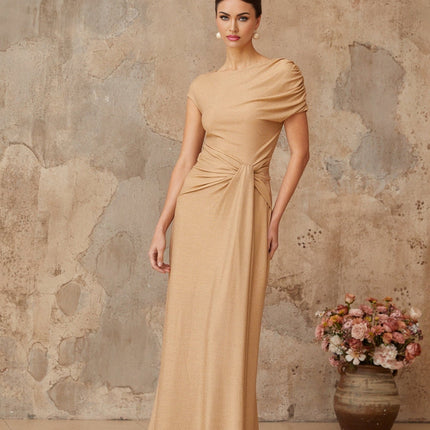 Amalia Metallic Gold Maxi Dress with Pleated Detailing and Twist Knot