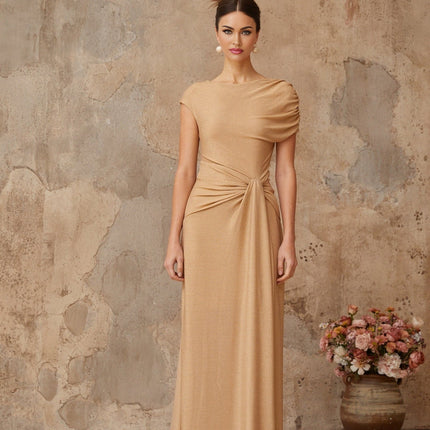 Amalia Metallic Gold Maxi Dress with Twist Knot and Draped Design