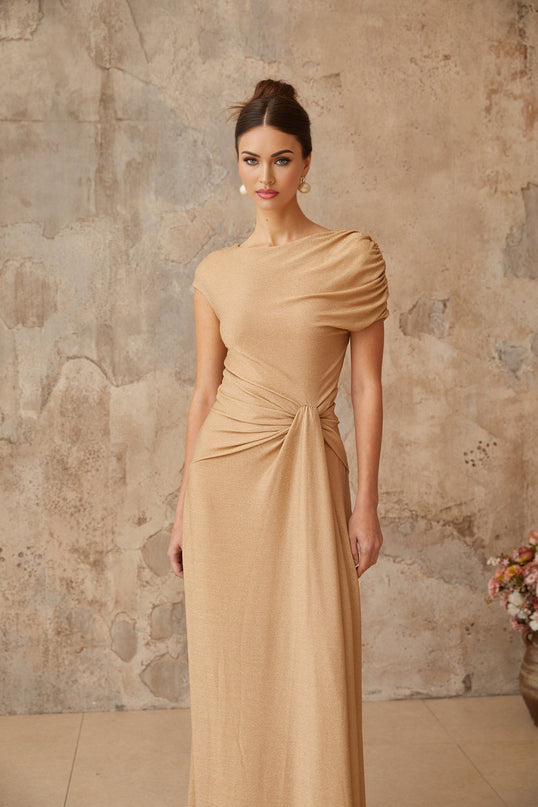 Amalia Metallic Gold Maxi Dress with Pleated Detailing and Asymmetrical Hem