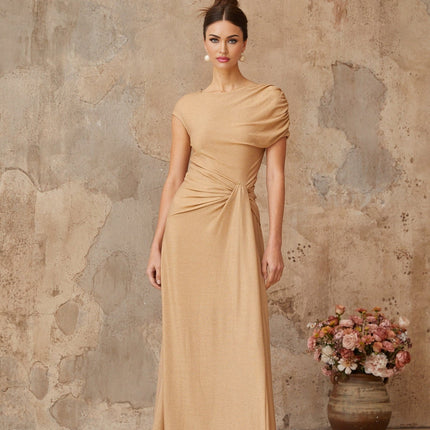 Amalia Metallic Gold Maxi Dress with Twist Knot and Draped Design