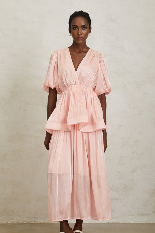 Amalia Pink Maxi Dress with Pleated Ruffles and Peplum Waist