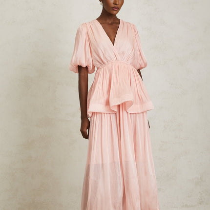 Amalia Pink Maxi Dress Pleated Ruffles V-Neck Puff Sleeves Peplum Waist Elegant Rear Button Fastening Terylene Fiber