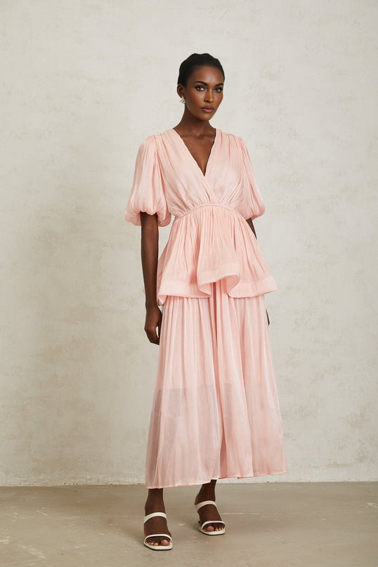 Amalia Pink Maxi Dress Pleated Ruffles V-Neck Puff Sleeves Peplum Waist Elegant Rear Button Fastening Terylene Fiber