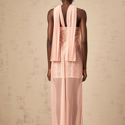 Amalia Pink Tulle Ribbon Maxi Dress Sequin Embellishments Sweetheart Neckline