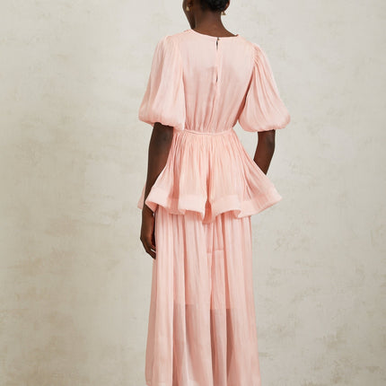 Amalia Pink Maxi Dress with Pleated Ruffles and Peplum Waist