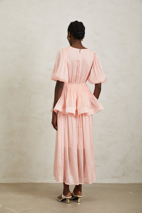 Amalia Pink Maxi Dress with Pleated Ruffles and Peplum Waist