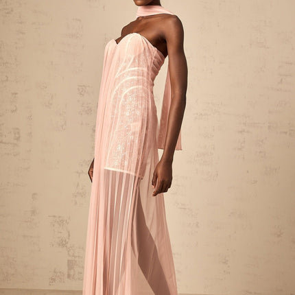 Amalia Pink Tulle Ribbon Maxi Dress Sequin Embellished Off-Shoulder Sweetheart Neckline Sleeveless Rear Zip Fastening Elegant Sophistication
