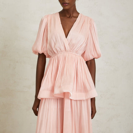 Amalia Pink Maxi Dress with Pleated Ruffles and Peplum Waist