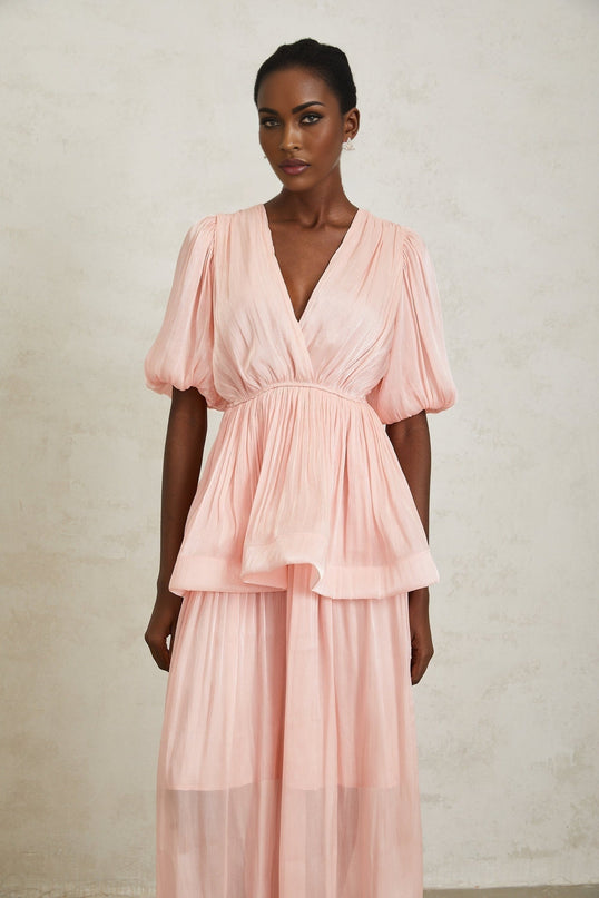 Amalia Pink Maxi Dress with Pleated Ruffles and Peplum Waist