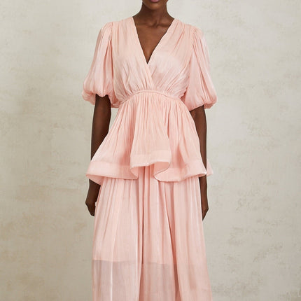 Amalia Pink Maxi Dress Pleated Ruffles V-neck Peplum Waist Short Puff Sleeves