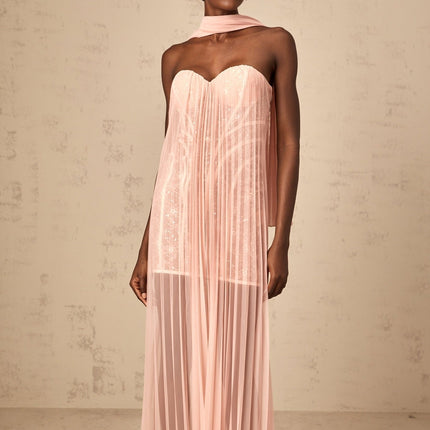 Amalia Pink Tulle Ribbon Off-Shoulder Maxi Dress Sequin Embellishments Sweetheart Neckline Boned Structure Sleeveless Rear Zip Fastening Flowing Length Comfort Style Luxury