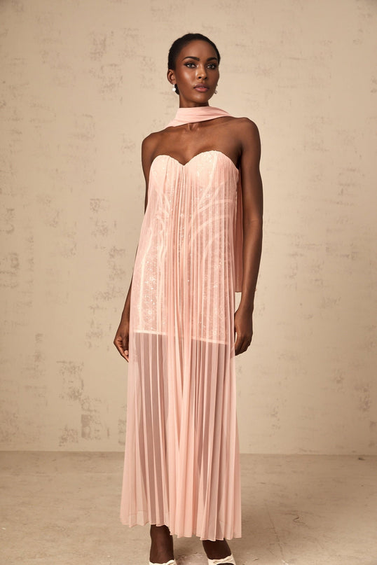 Amalia Pink Tulle Ribbon Off-Shoulder Maxi Dress Sequin Embellishments Sweetheart Neckline Boned Structure Sleeveless Rear Zip Fastening Flowing Length Comfort Style Luxury