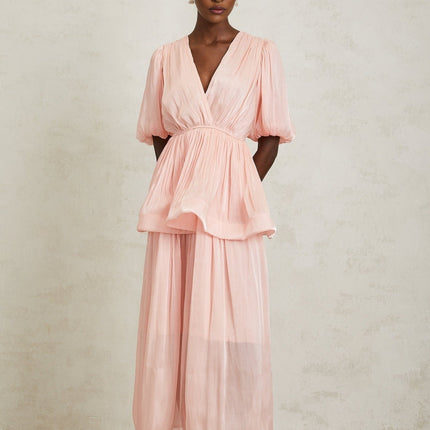 Amalia Pink Maxi Dress with Pleated Ruffles and Glossy Finish