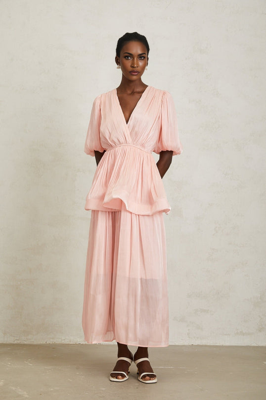 Amalia Pink Maxi Dress with Pleated Ruffles and Glossy Finish