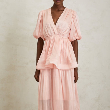 Amalia Pink Maxi Dress Pleated Ruffles V-Neck Peplum Waist Short Puff Sleeves Ruched Detailing Rear Button Fastening 100% Terylene Fiber