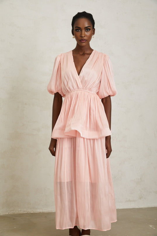 Amalia Pink Maxi Dress Pleated Ruffles V-Neck Peplum Waist Short Puff Sleeves Ruched Detailing Rear Button Fastening 100% Terylene Fiber