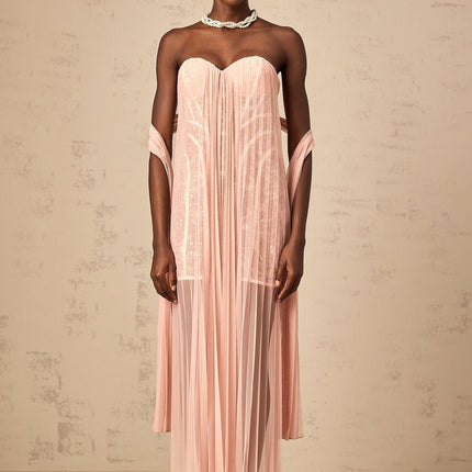 Amalia Pink Pleated Tulle Maxi Dress with Sequin Embellishments