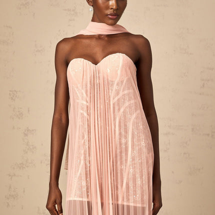 Amalia Pink Pleated Tulle Maxi Dress with Sequin Embellishments