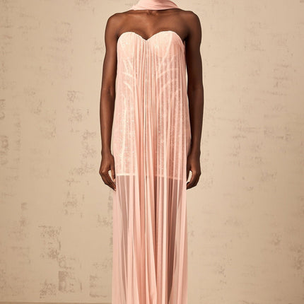 Amalia Pink Pleated Tulle Maxi Dress with Sequin Embellishments