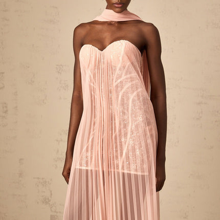 Amalia Pink Pleated Tulle Maxi Dress with Ribbon Design Sequin Embellishments Sweetheart Neckline and Boned Structure Rear Zip Fastening Sleeveless Flowing Length