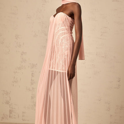 Amalia Pink Pleated Tulle Maxi Dress with Ribbon Design and Sequin Embellishments