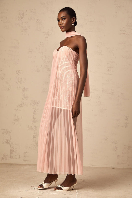 Amalia Pink Pleated Tulle Maxi Dress with Ribbon Design and Sequin Embellishments