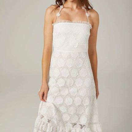 Amalia White Floral Lace Trim Halterneck Midi Dress