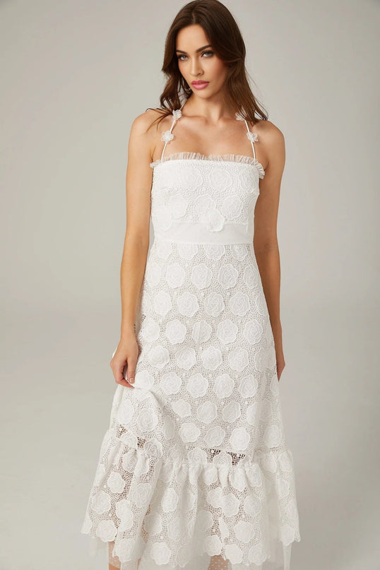 Amalia White Floral Lace Trim Halterneck Midi Dress