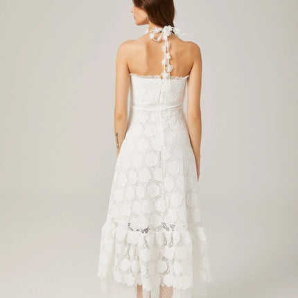 Amalia White Floral Midi Dress with Lace Trim and Faux-Floral Embellishments