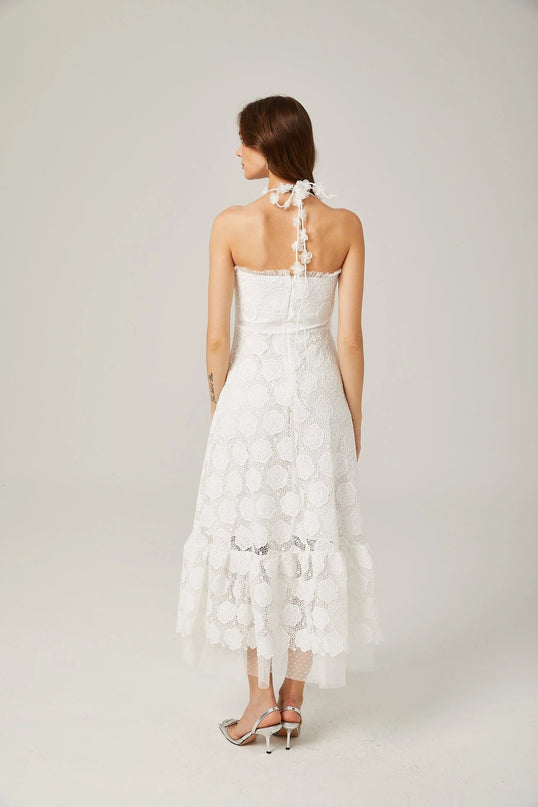 Amalia White Floral Midi Dress with Lace Trim and Faux-Floral Embellishments