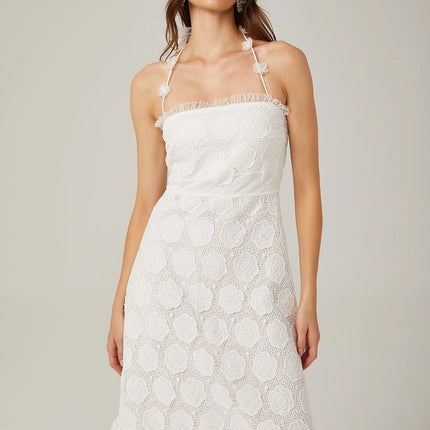 Amalia White Floral Midi Dress with Lace Trim and Faux-Floral Embellishments