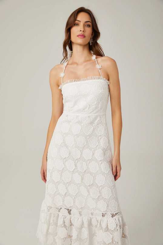 Amalia White Floral Midi Dress with Lace Trim and Faux-Floral Embellishments