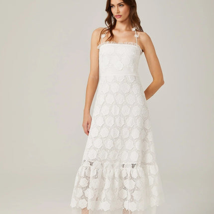 Amalia White Floral Midi Dress with Lace Trim and Faux-Floral Embellishments