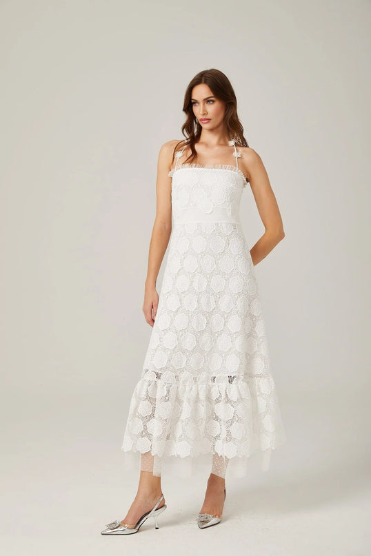 Amalia White Floral Midi Dress with Lace Trim and Faux-Floral Embellishments
