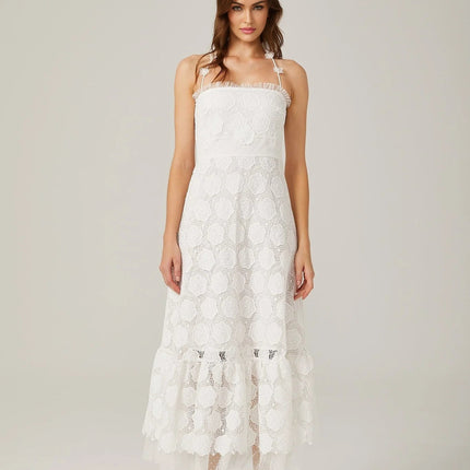 Amalia White Floral Midi Dress with Lace Trim and Faux-Floral Embellishments