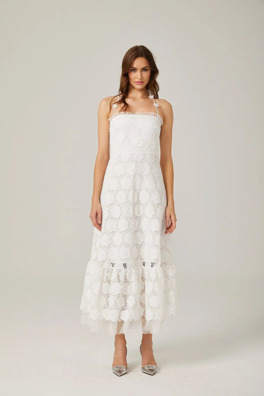Amalia White Floral Midi Dress with Lace Trim and Faux-Floral Embellishments
