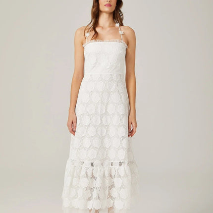 Amalia White Floral Midi Dress with Lace Trim and Faux-Floral Embellishments