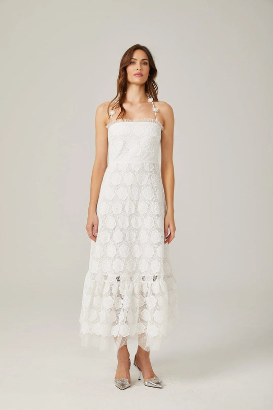 Amalia White Floral Midi Dress with Lace Trim and Faux-Floral Embellishments