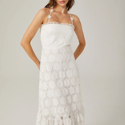 Amalia White Floral Midi Dress with Lace Trim and Faux-Floral Embellishments