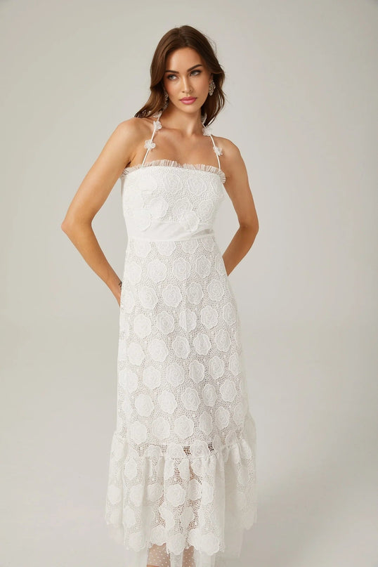 Amalia White Floral Midi Dress with Lace Trim and Faux-Floral Embellishments