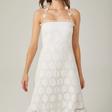 Amalia White Floral Midi Dress with Lace Trim and Faux-Floral Embellishments