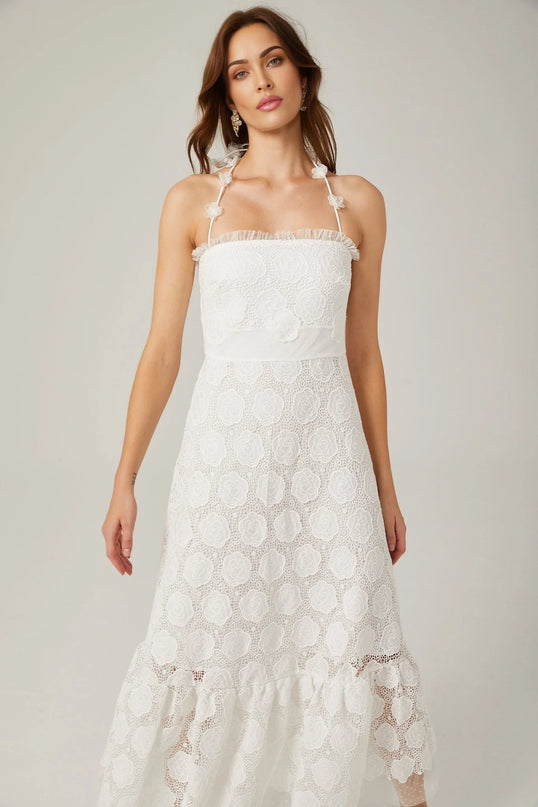 Amalia White Floral Midi Dress with Lace Trim and Faux-Floral Embellishments