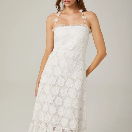 Amalia White Floral Midi Dress with Lace Trim and Faux-Floral Embellishments