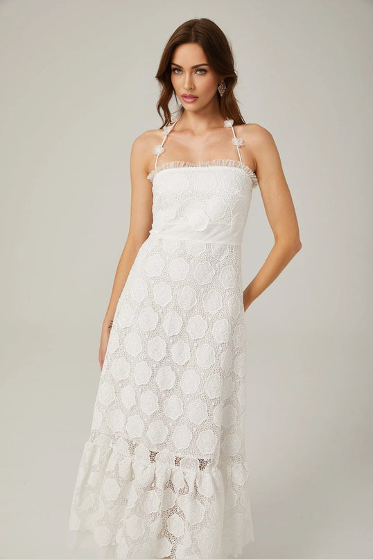 Amalia White Floral Midi Dress with Lace Trim and Faux-Floral Embellishments