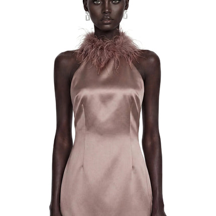 Amara Khaki Mini Dress with Feather Trim