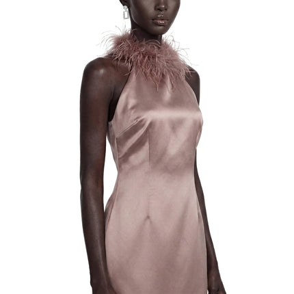 Amara Khaki Mini Dress with Feather Trim