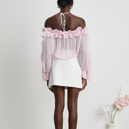 Amara Pink Ruffled Halter Blouse with 3D Floral Appliqué