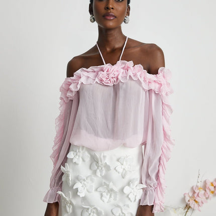 Amara Pink Ruffled Halter Blouse with 3D Floral Appliqué