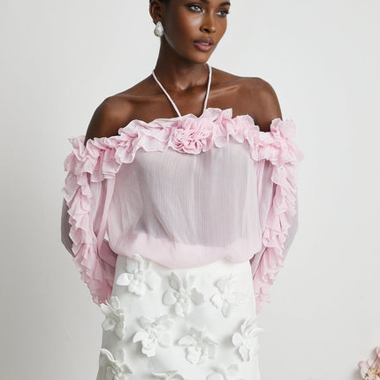 Amara Pink Ruffled Halter Blouse with 3D floral appliqué