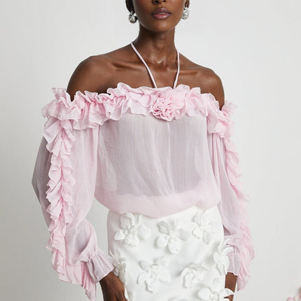 Amara Pink Ruffled Halter Blouse with 3D Floral Appliqué in American English